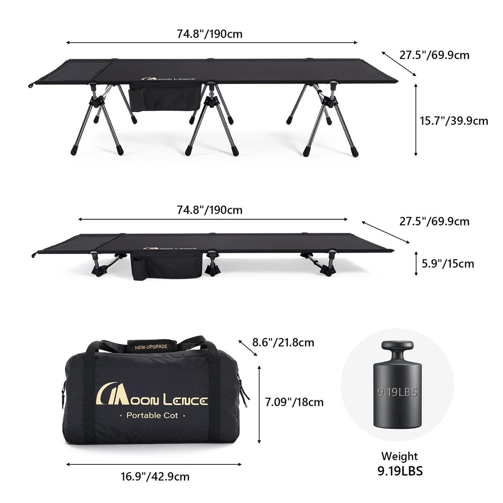 Height Adjustable Camping Cot - Supports 330 lbs, Portable Folding Bed with L...