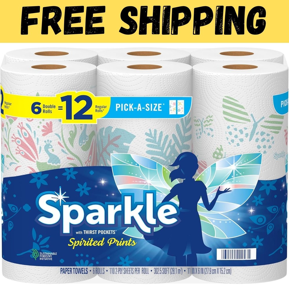 Sparkle Pick-A-Size Paper Towels Spirited Prints 6 Double Rolls = 12 Regular