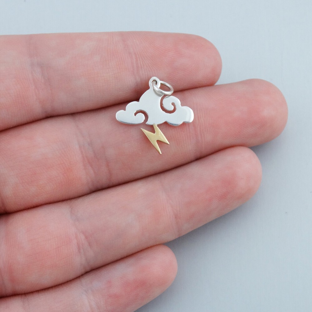Cloud Charm w/ Bronze Lightning Bolt - 925 Sterling Silver Storm Thunder Gift