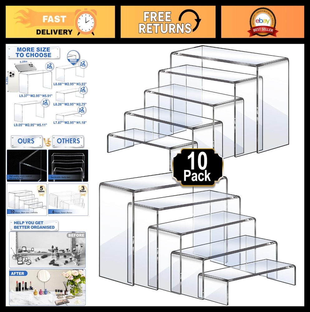 Large Acrylic Display Risers Set of 10 - Clear Rectangular Shelves for Cupcakes
