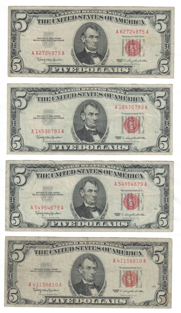 1963 $5 FIVE DOLLARS RED SEAL FR-1536