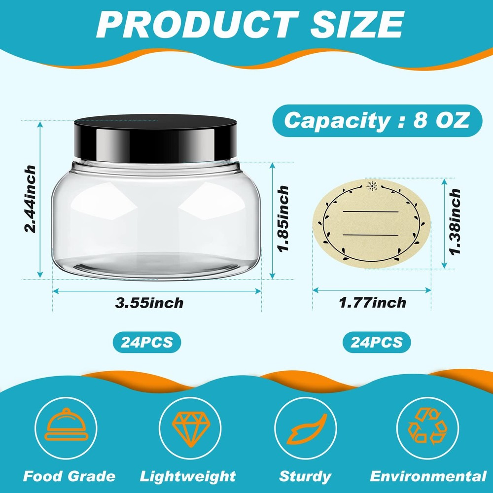24 Pack Plastic Jars with Lids Round Refillable Cosmetic Containers 8oz Clear