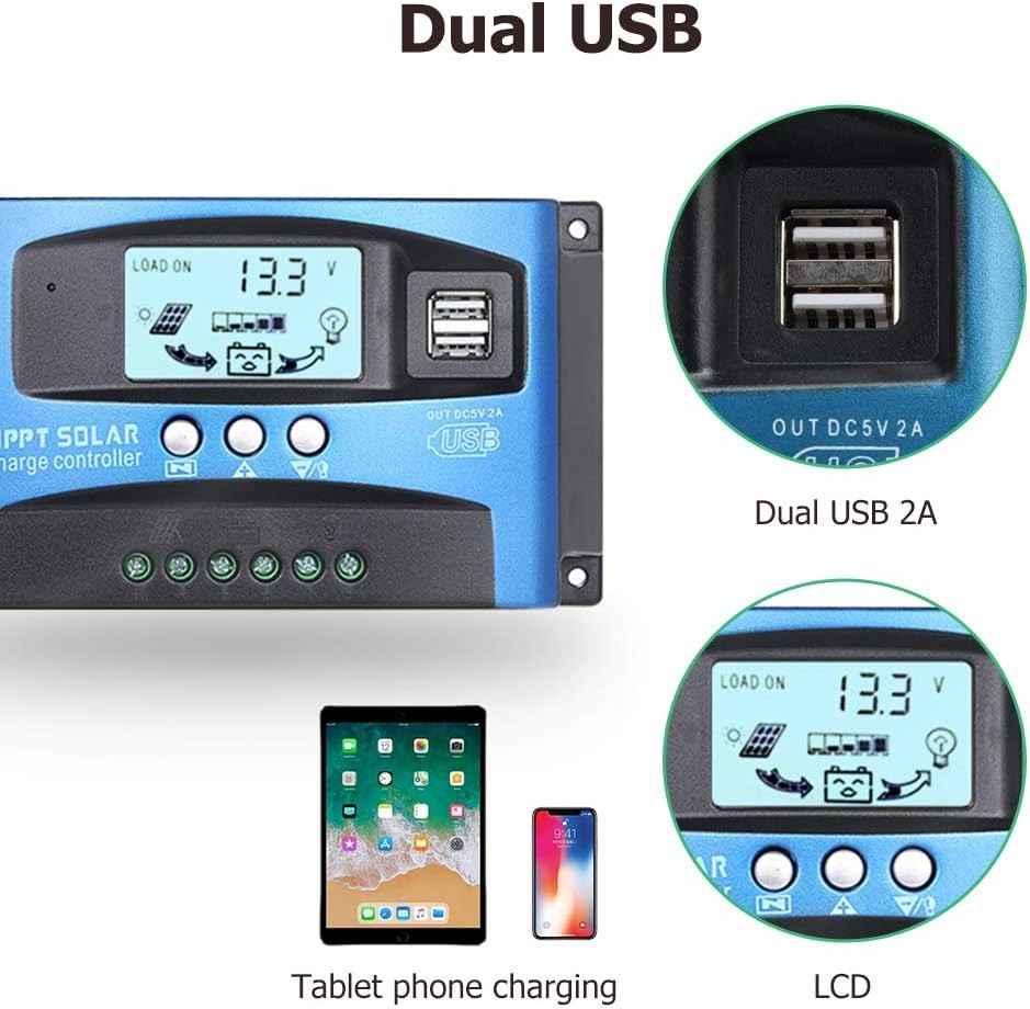 MPPT 100A 12V/24V Auto Focus Tracking Solar Panel Charge Controller Regulator US