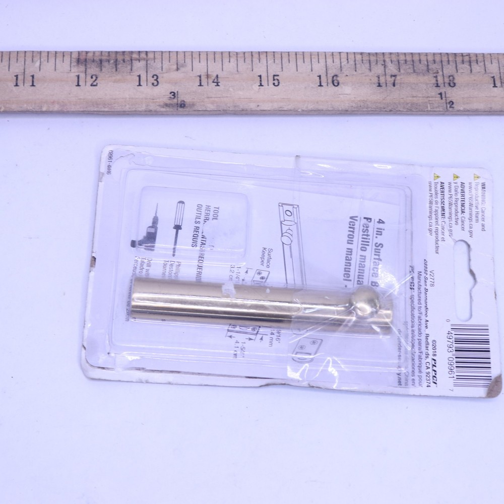 Defender Security Surface Bolt Polished Brass 4"-Missing Latch Plates & Hardware