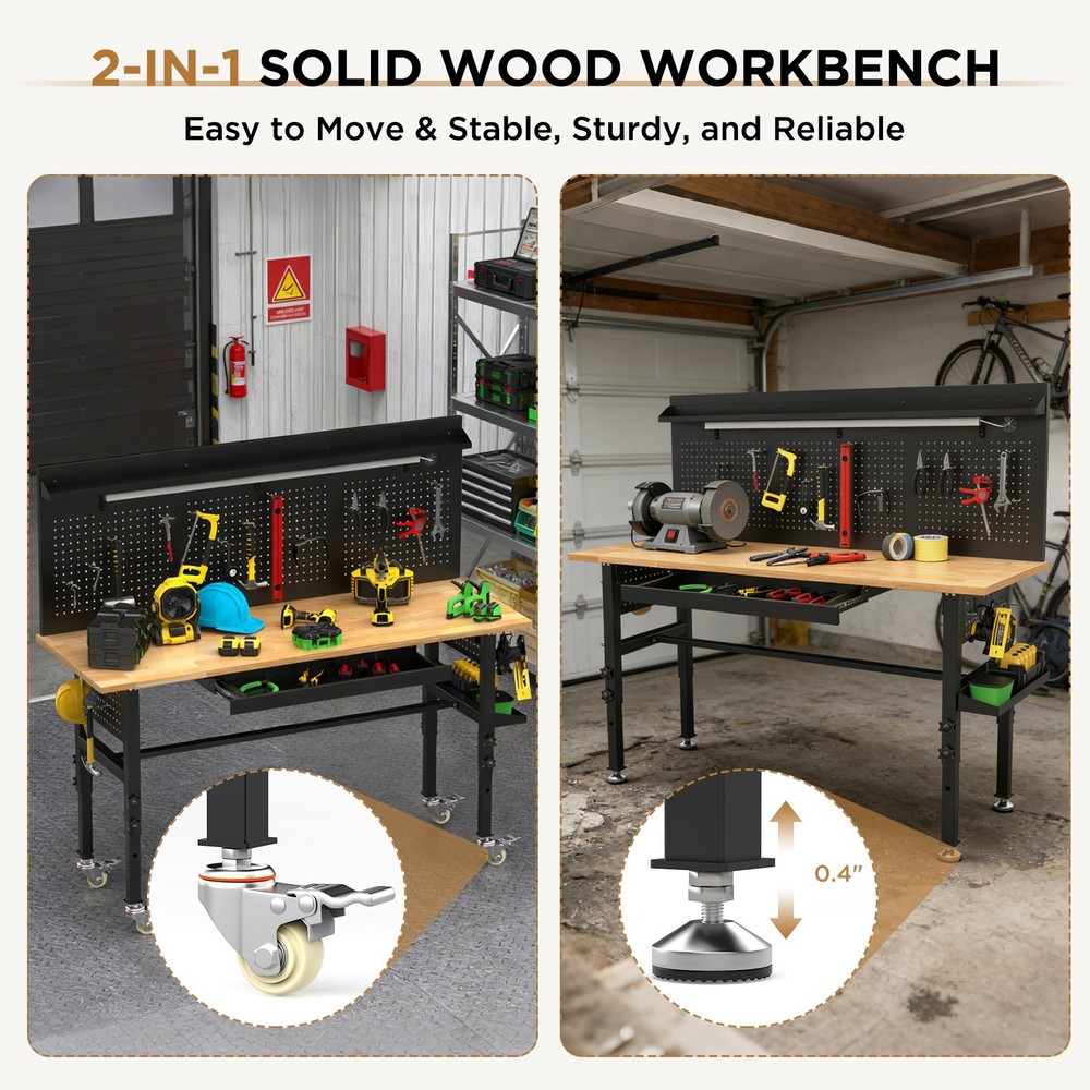 60″ Workbench with Drawers Adjustable Height Garage Work Table with Power Outlet