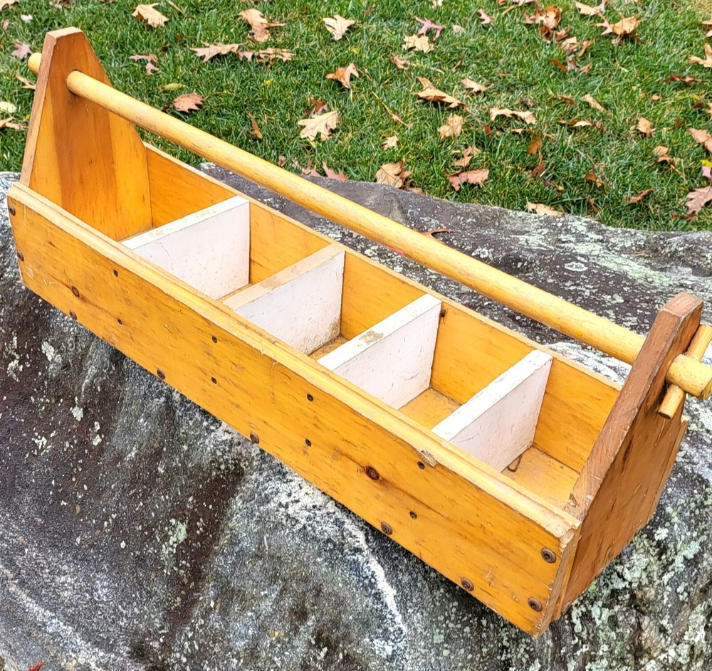 Vintage Unique Handmade Primitive Solid Wood Tool Box Caddy Carrier Storage 31"