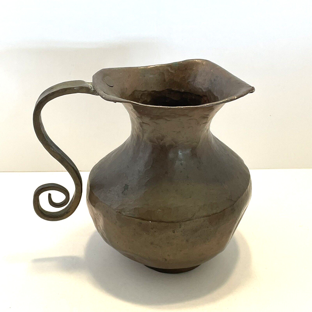 Antique Hammered Copper Pitcher Scrolled Riveted Handle Primitive Jug Dents 6"