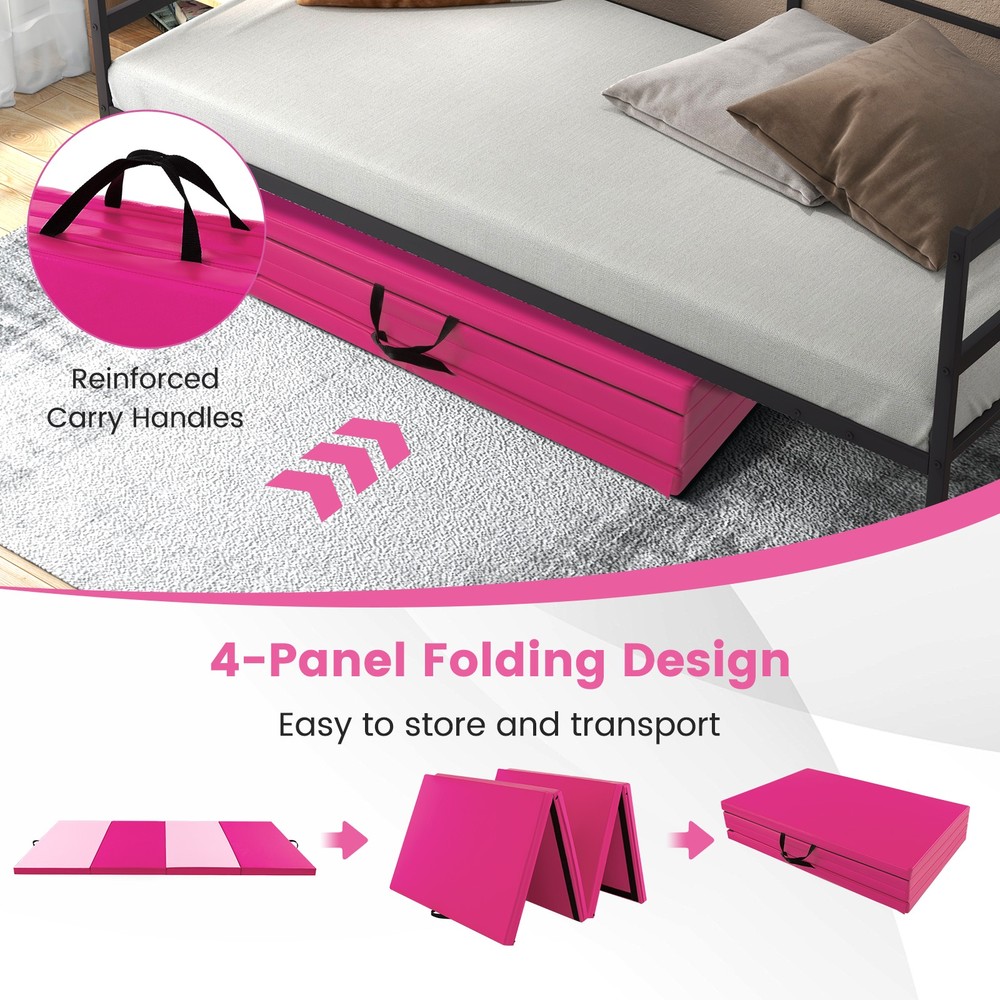 2" 4-Panel Folding Gymnastics Mat with Hook & Loop Fasteners, Handles Rose Red