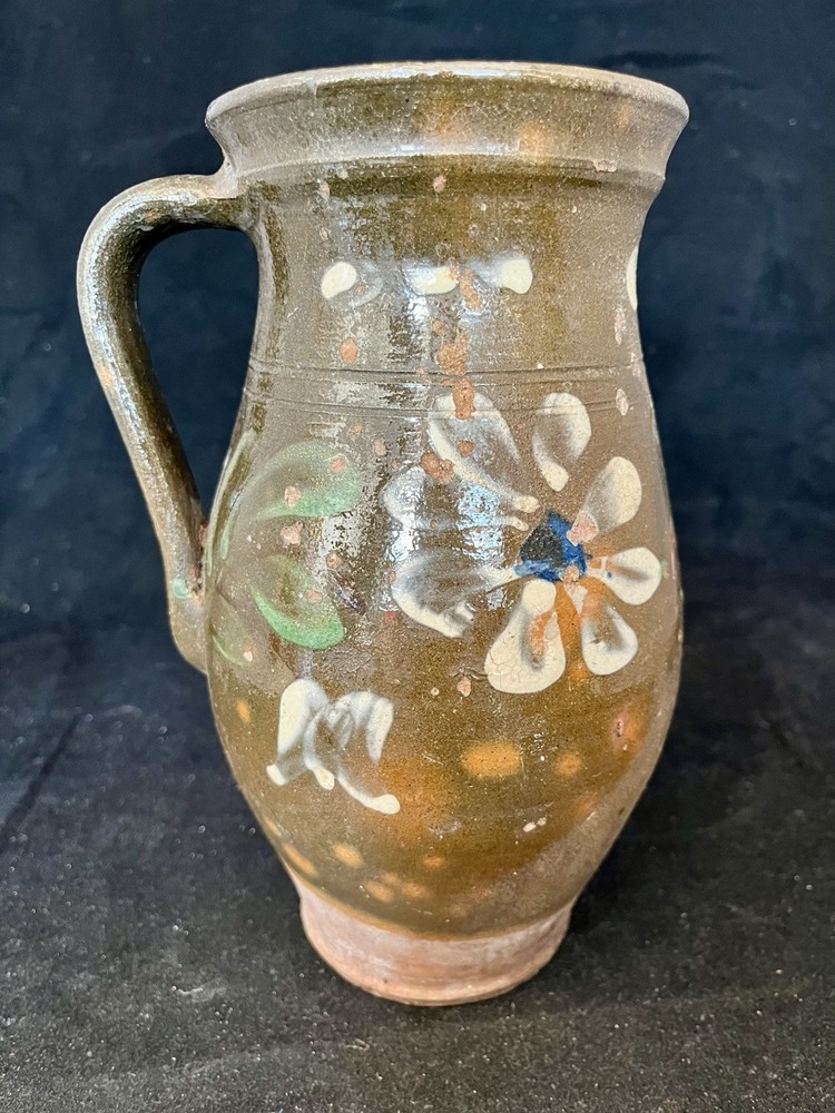 Fantastic Circa 1800’s Redware Milk Pitcher. Applied Handle Painted Florals.