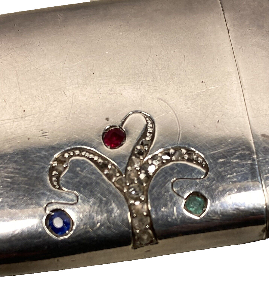 Antique Silver Diamond Emerald Ruby Cigarette Box Case Matchsafe