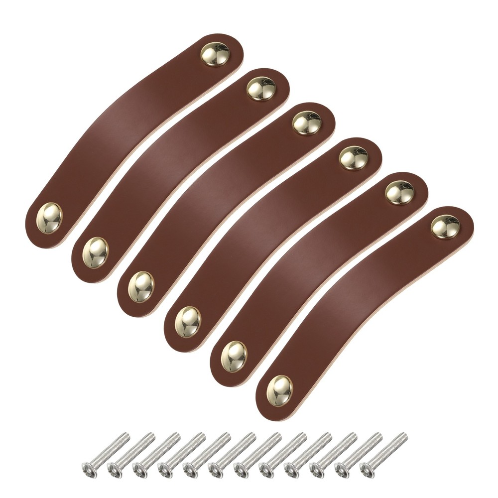 6 Packs Leather Drawer Pulls Double Hole Knobs, Brown/Gold(Hole Spacing:96mm)