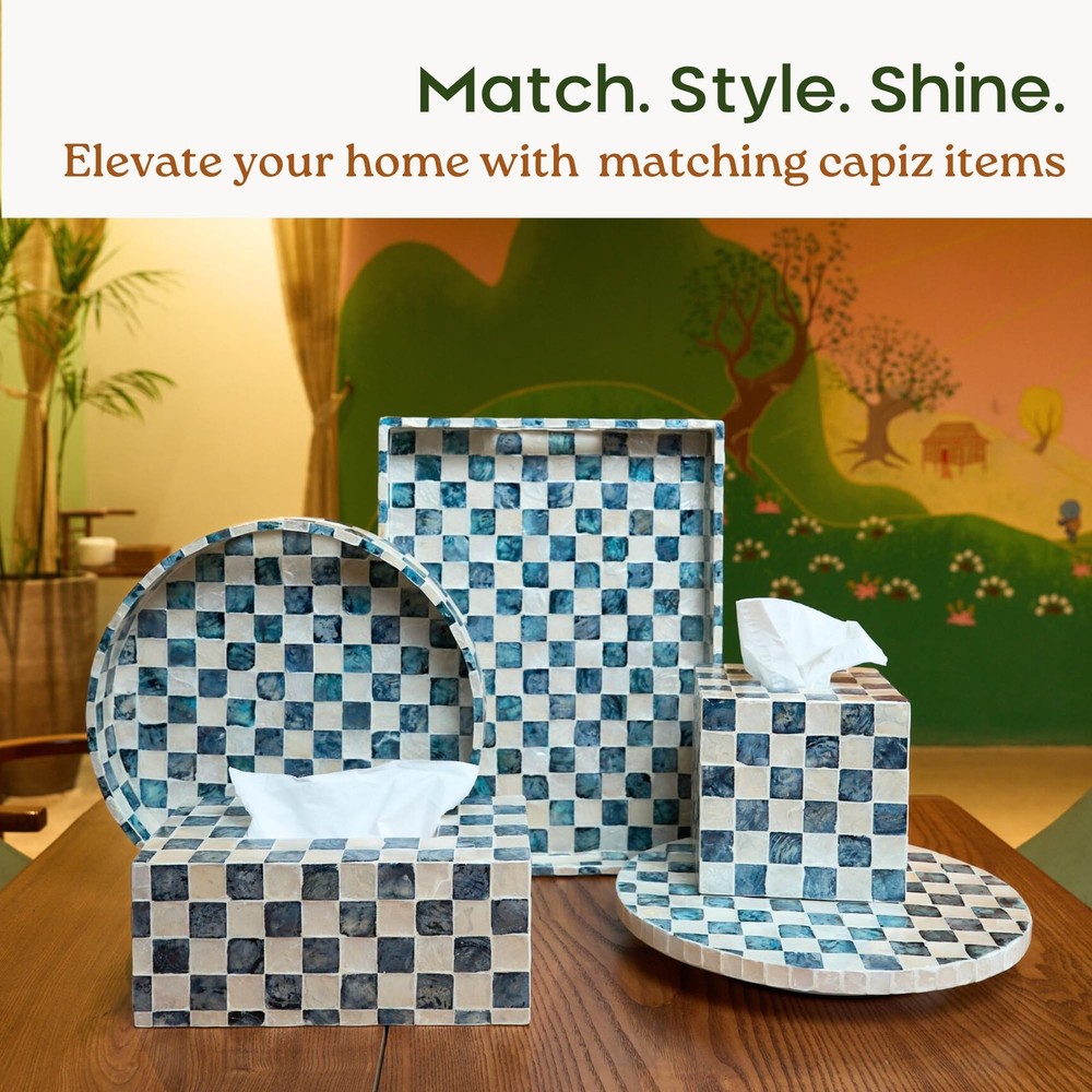 Rectangle Checkered Tissue Cover Handmade with Capiz Shells, Decorative Tissu...