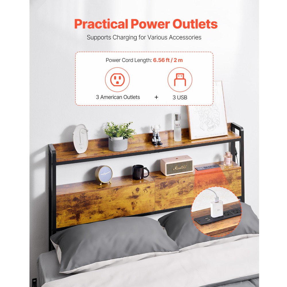 Headboard for Full Size Bed with Charging Station and LED Light