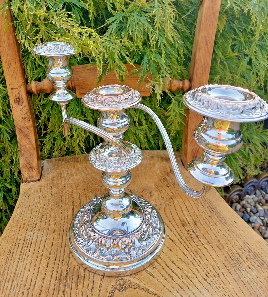 Antique Silver Plate on Copper Three Arm Candelabra