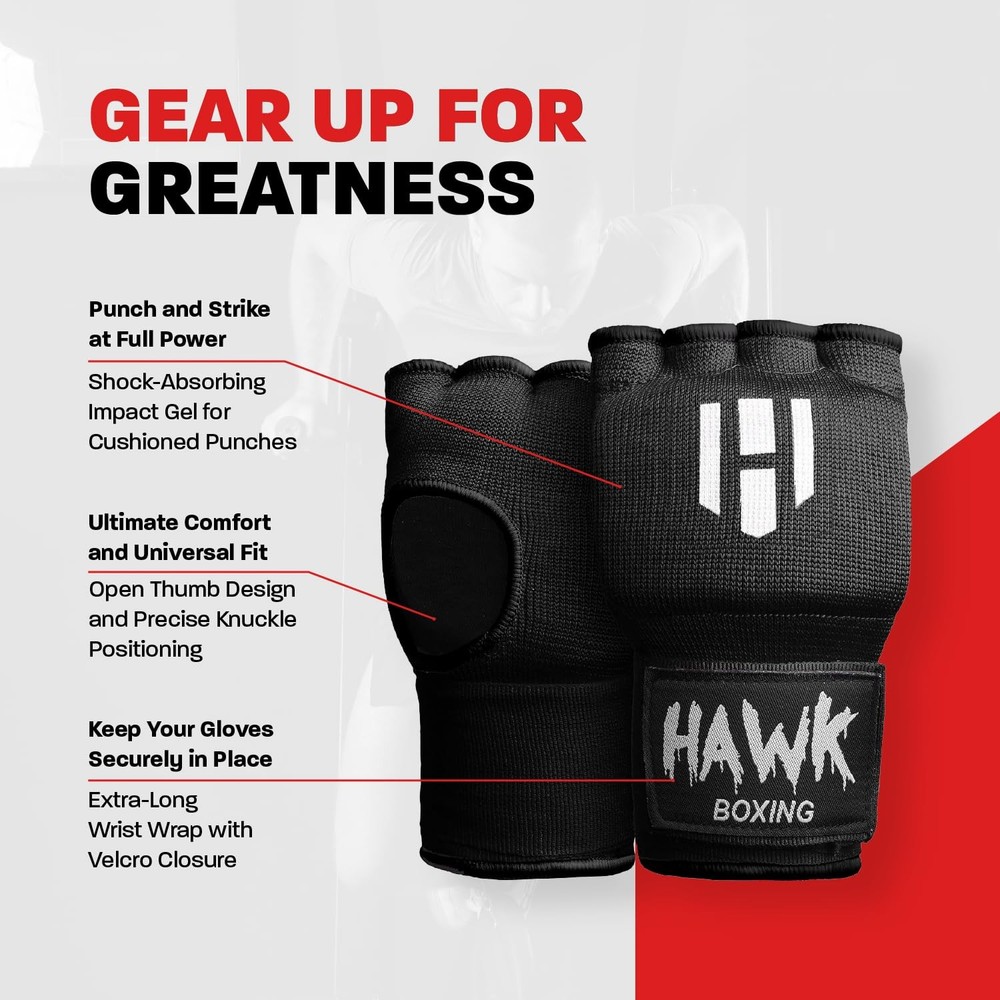 Hawk Padded Inner Gloves Training Gel Hand Wraps for Small-Medium, Black