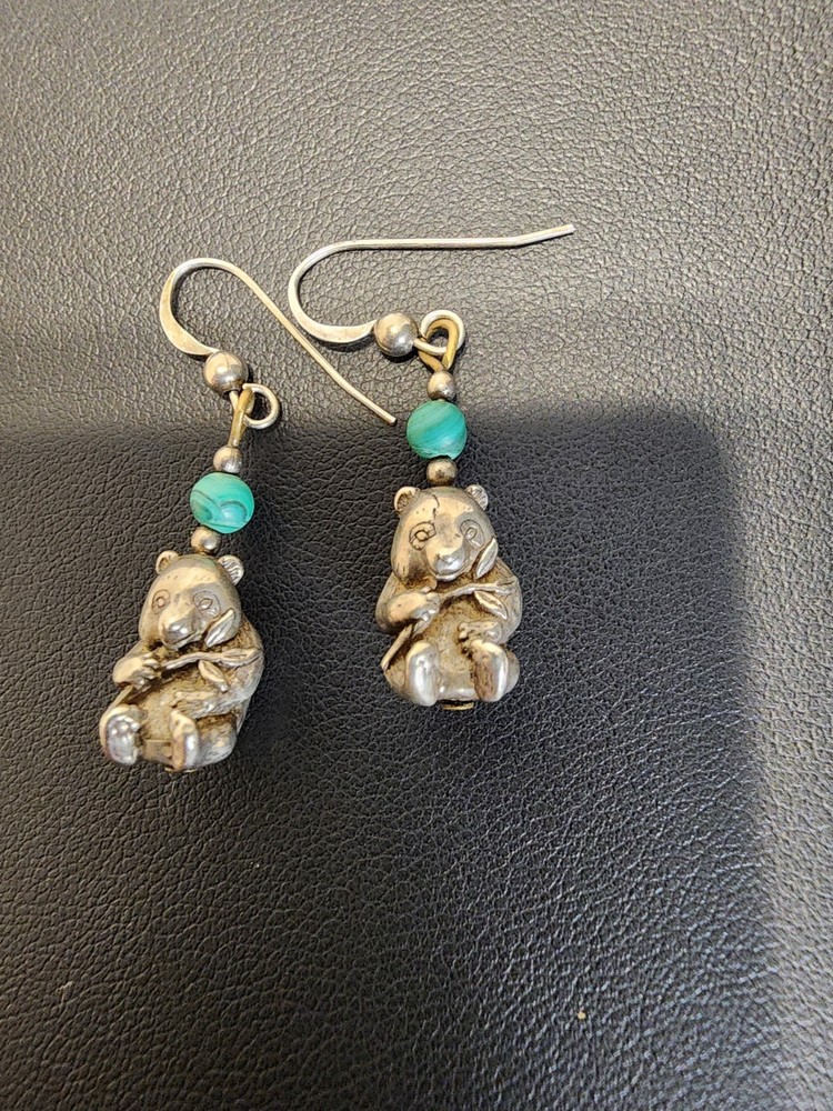 Vintage Sterling Silver Malachite Panda Bear Earrings