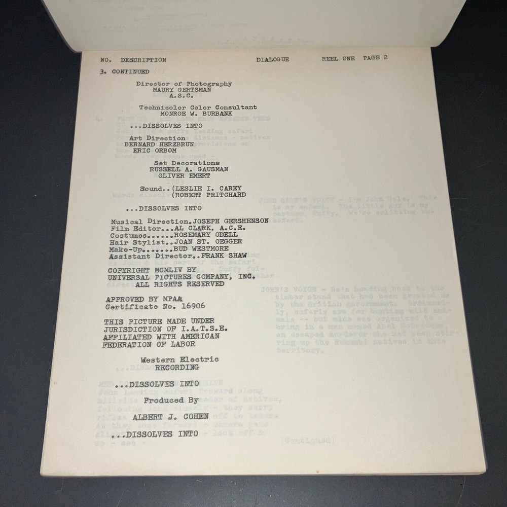 TANGANYIKA (4/22/54) Orig. UNIVERSAL FILES Continuity & Dialogue Script + COA!