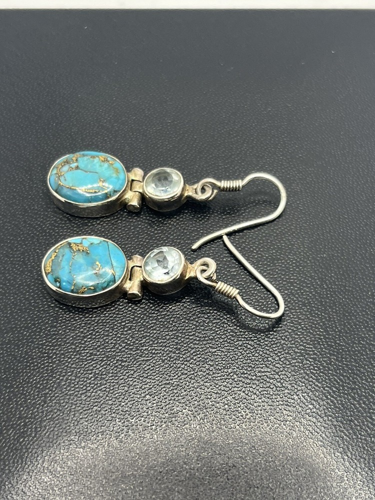 Sterling silver India turquoise blue cz stone dangle earrings