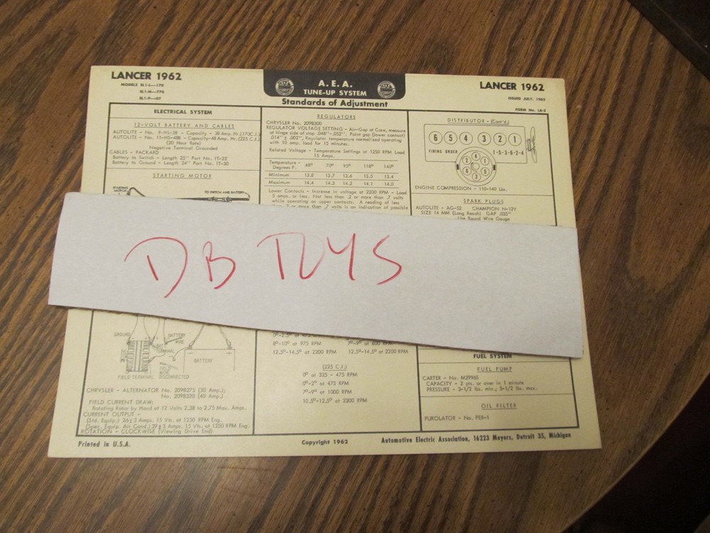 A.E.A. Tune Up System Chart Lancer 1962
