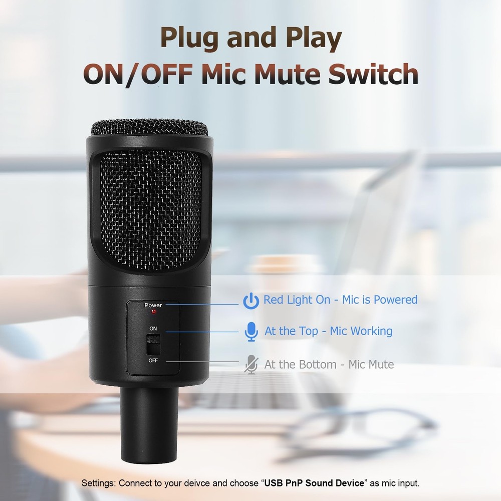 PC USB Microphone, Podcast Condenser Mic with Foldable Tripod Mute Switch for...