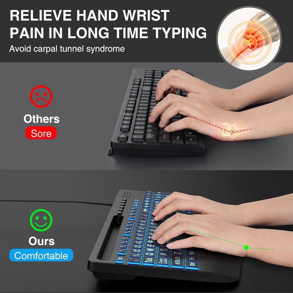 SABLUTE Large Print Backlit Keyboard, Wired USB Computer Keyboards with 7-Col...