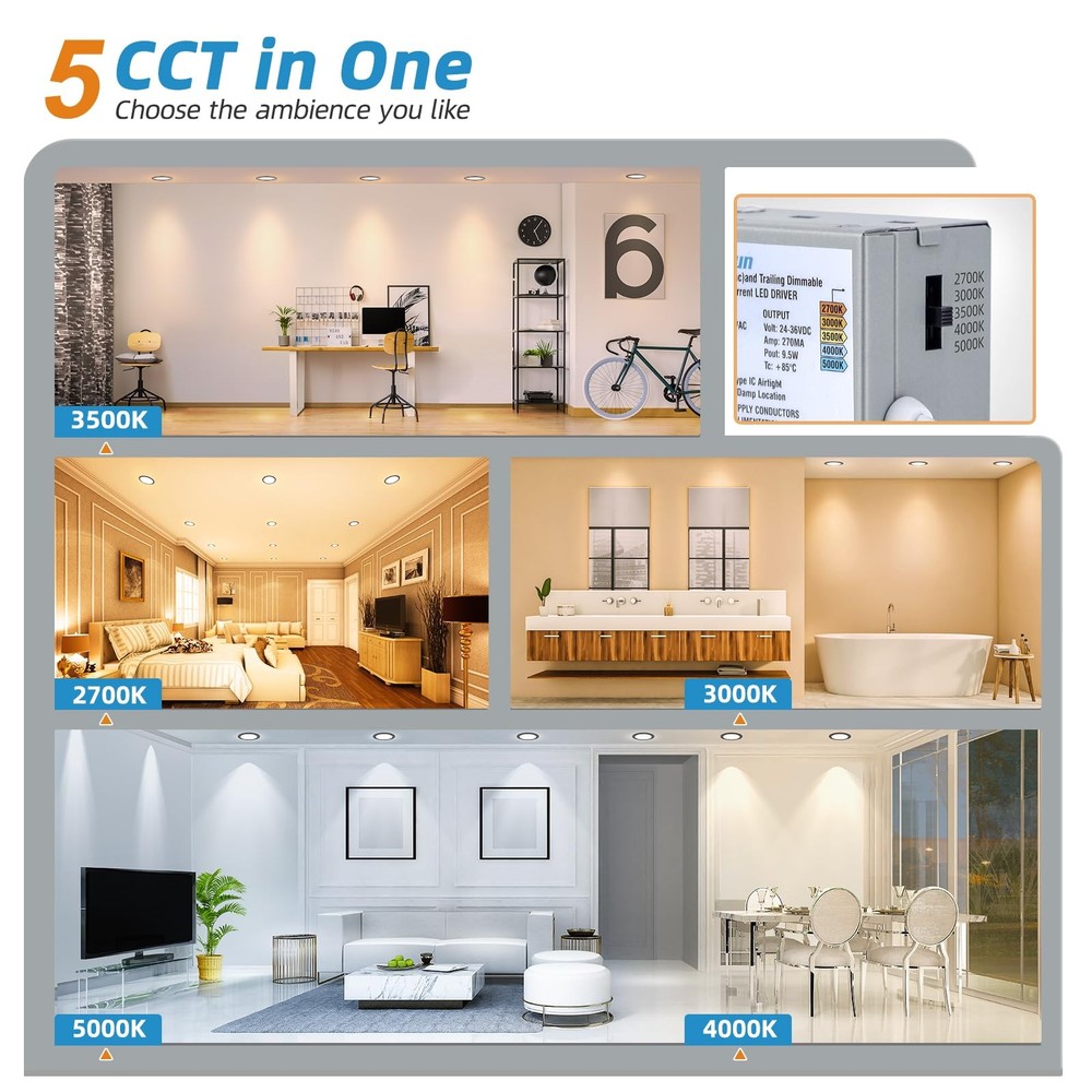 12 Pack 6 Inch 5CCT LED Recessed Ceiling Panel Light Dimmable with Night Light