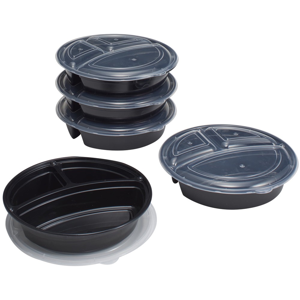 (4 pack) 3-Compartment 1L Round Meal Prep Food Storage Container, 5 Pack