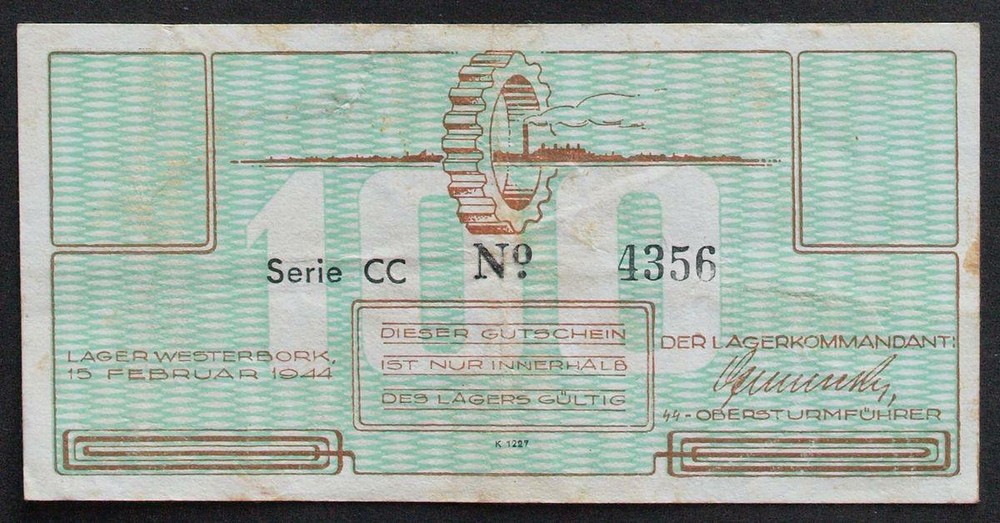 NETHERLANDS 1944, $$$, 100 Cent WESTERBORK Concentration Camp Banknote ,Judaica