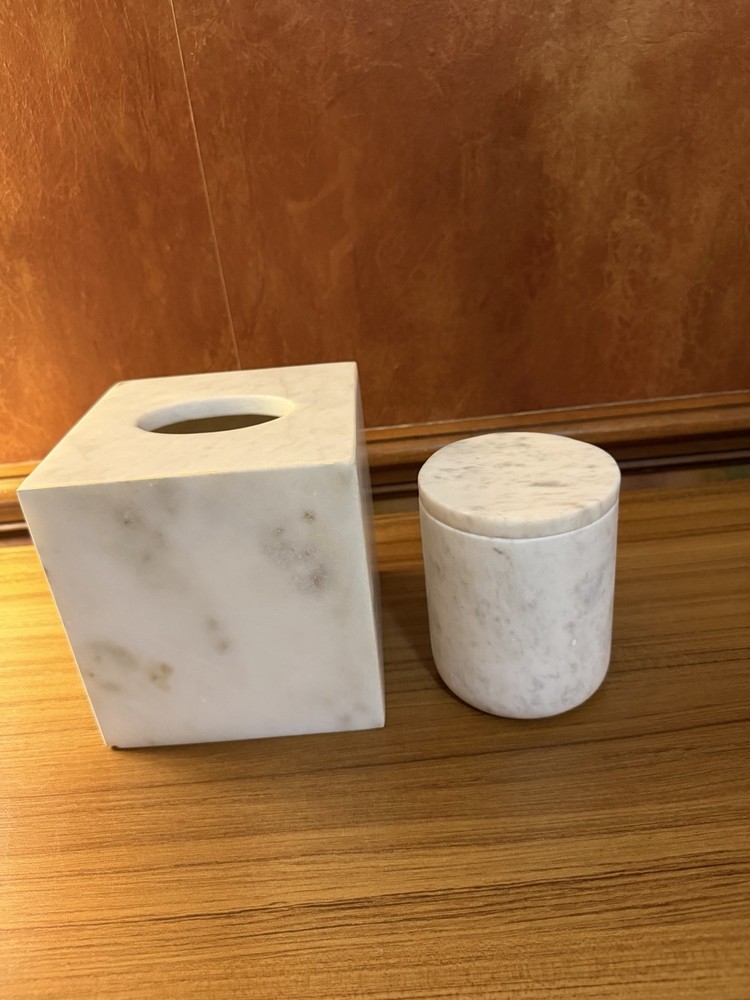 Brand New Solid Carrara Marble Tissue Box Cover & Matching Lidded Jar-READ