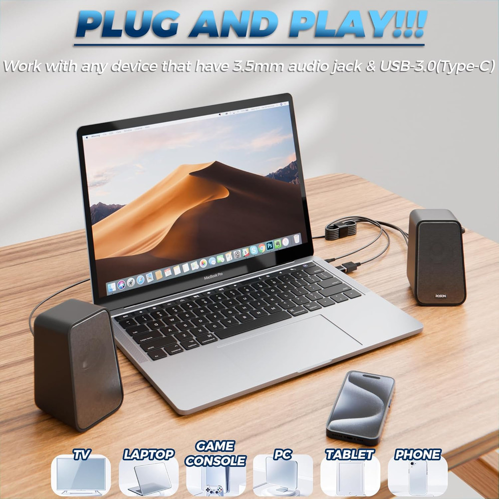 ROSON Computer Speaker, Compact Size Speaker with Headphone Jack, Enhanced Bass