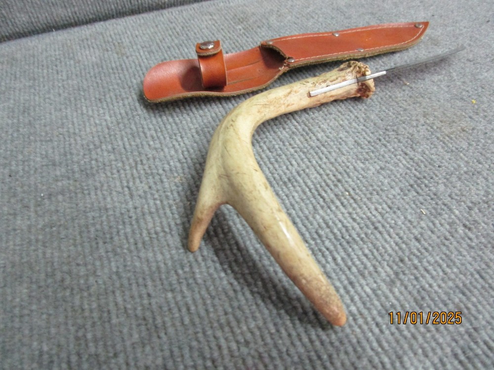 Antler Fixed Blade Handmade Knife w Leather Sheath