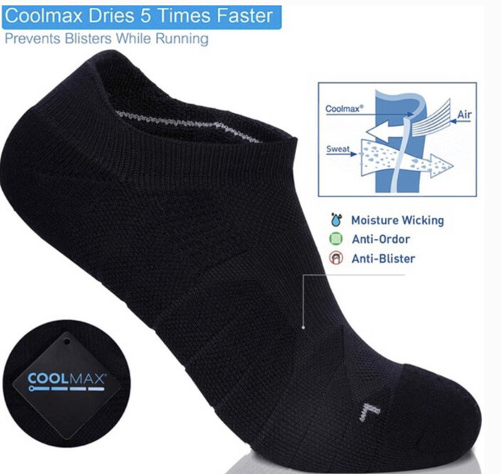 3 Pair Compression Athletic No Show Running Socks w/ CoolMax, Black, Size Large
