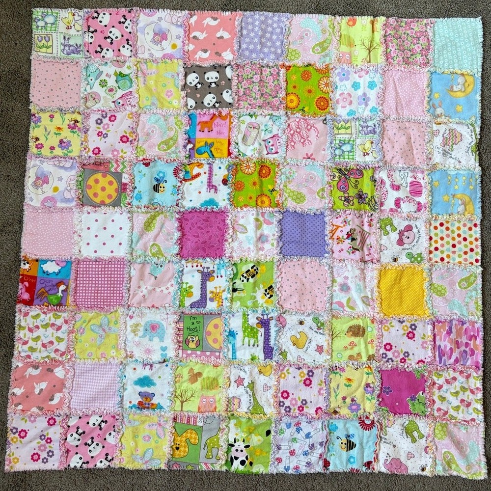 Handmade Multicolored Baby Double Sided Patchwork Quilt Blanket 37x38