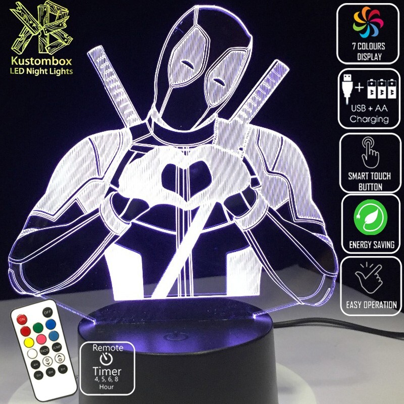 DEADPOOL MARVEL LOVE HEART HANDS 3D LED BATTERY USB NIGHT LIGHT 7 COLOUR REMOTE