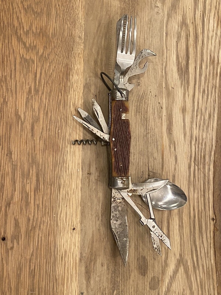 VINTAGE MULTI-BLADE SCOUT CAMP SURVIVAL TOOLS POCKET KNIFE WITH BONE HANDLE 12”
