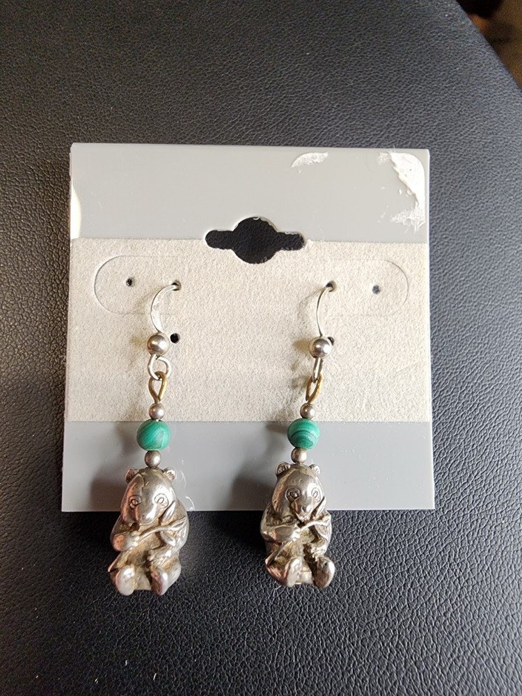 Vintage Sterling Silver Malachite Panda Bear Earrings