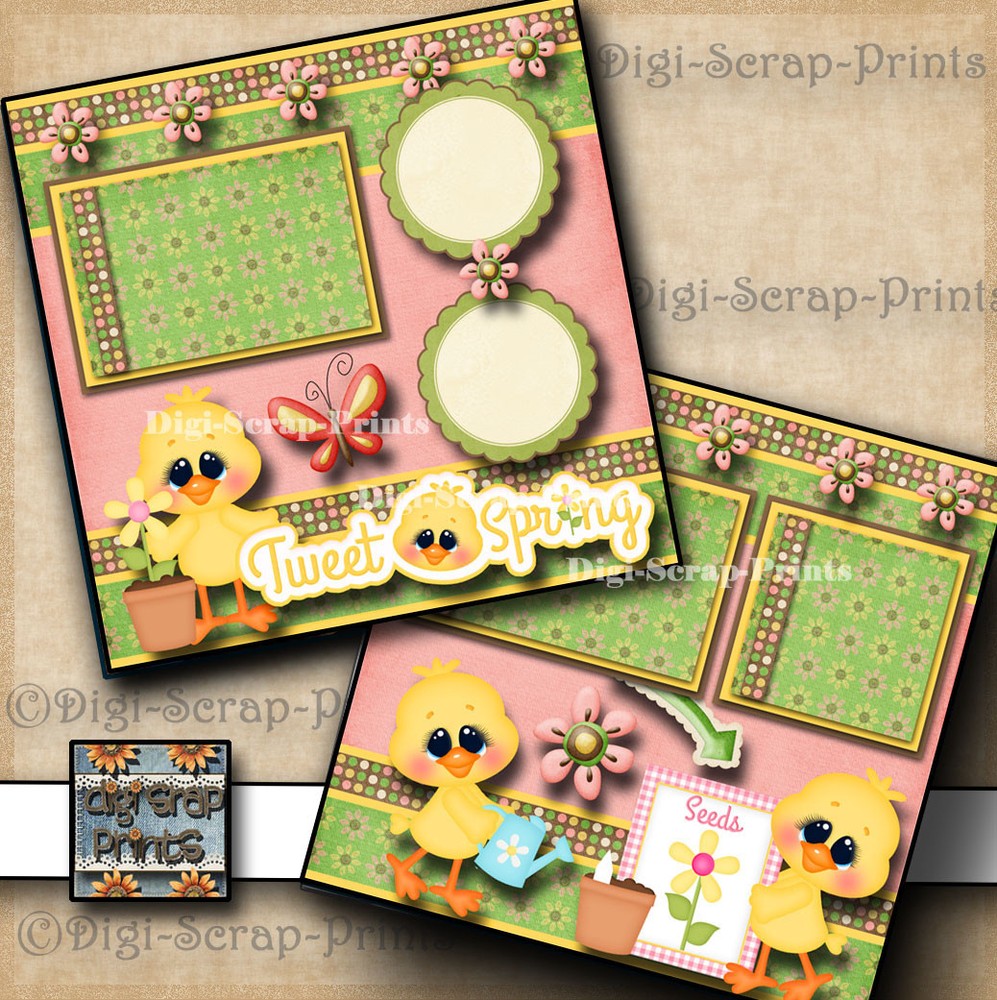 TWEET SPRING ~ 2 premade scrapbooking pages paper piecing layout ~ BY DIGISCRAP