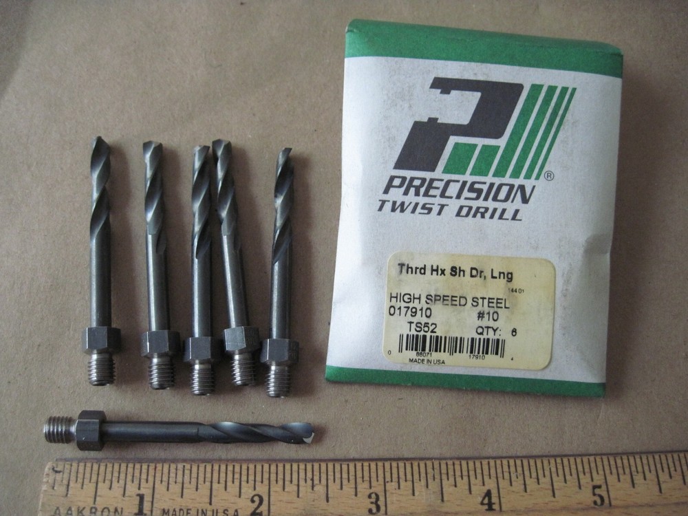 (Qty 6) Precision Twist Drill #10 (.1935") Threaded Shank Long Drill Bits 017910
