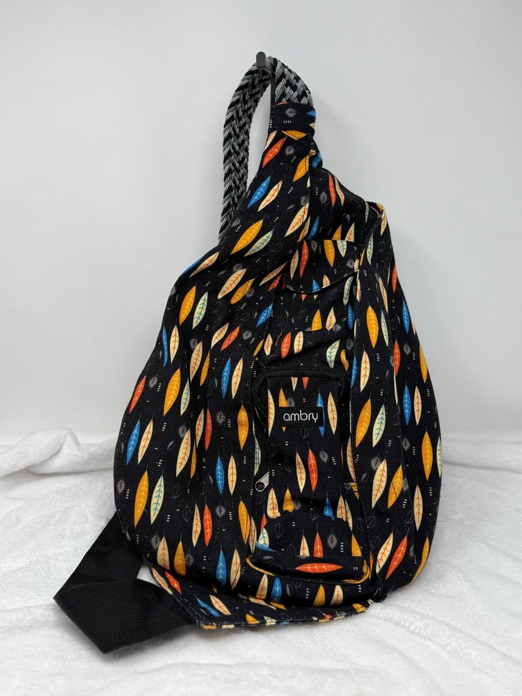 Multicolored Feather Patterned Adjustable Rope SLING BACKPACK by Ambry