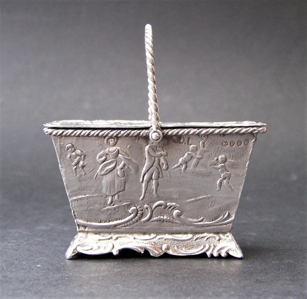 PRE-1888 SOLID SILVER HANAU MINIATURE SWING HANDLE BASKET .930 GRADE SILVER