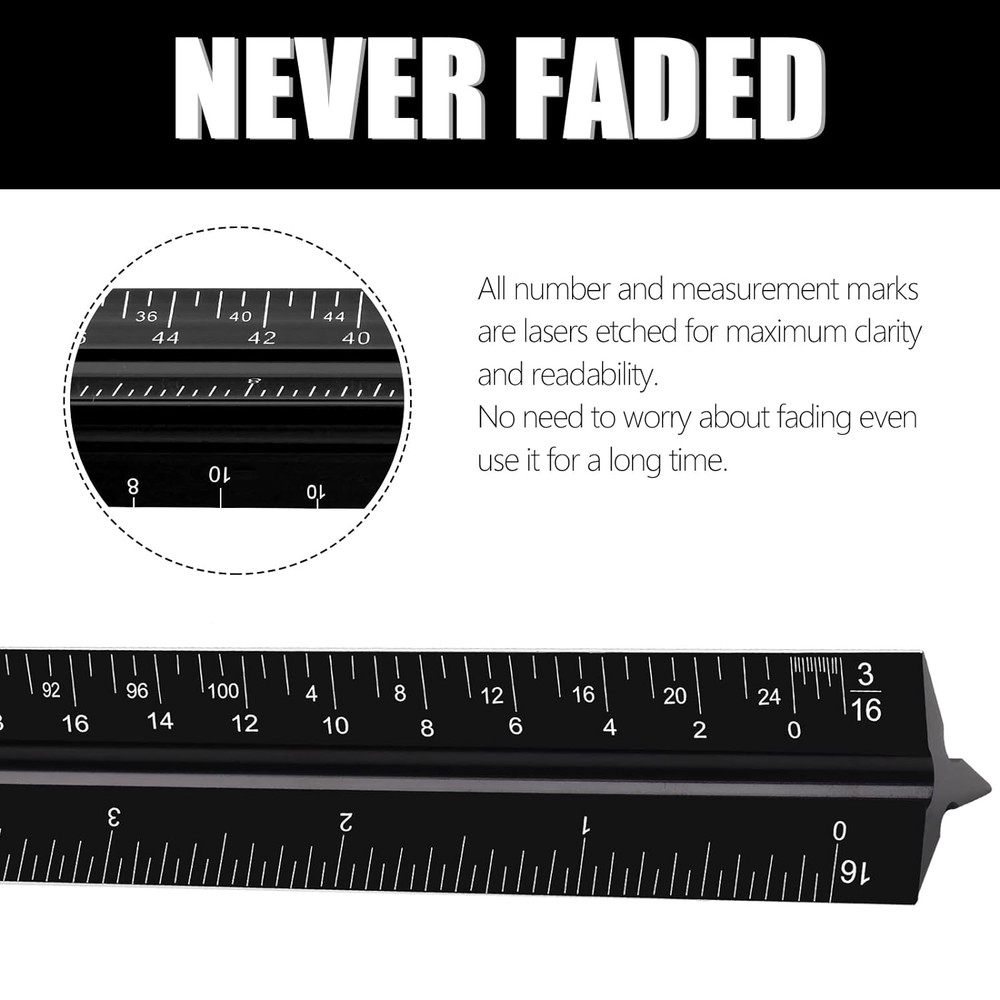 12 Aluminum Triangular Architect Scale Ruler with Laser-Etched Imperial Marks