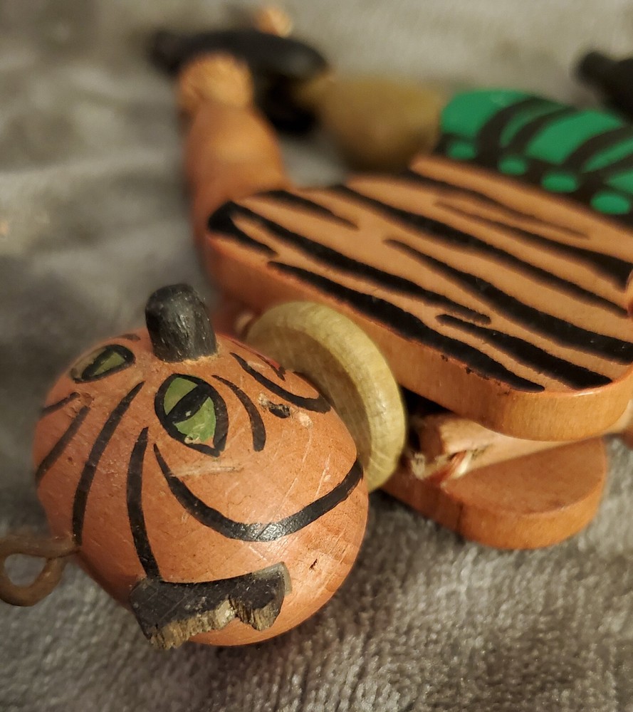 Vintage Wooden Puppet Pull String Toy Tiger