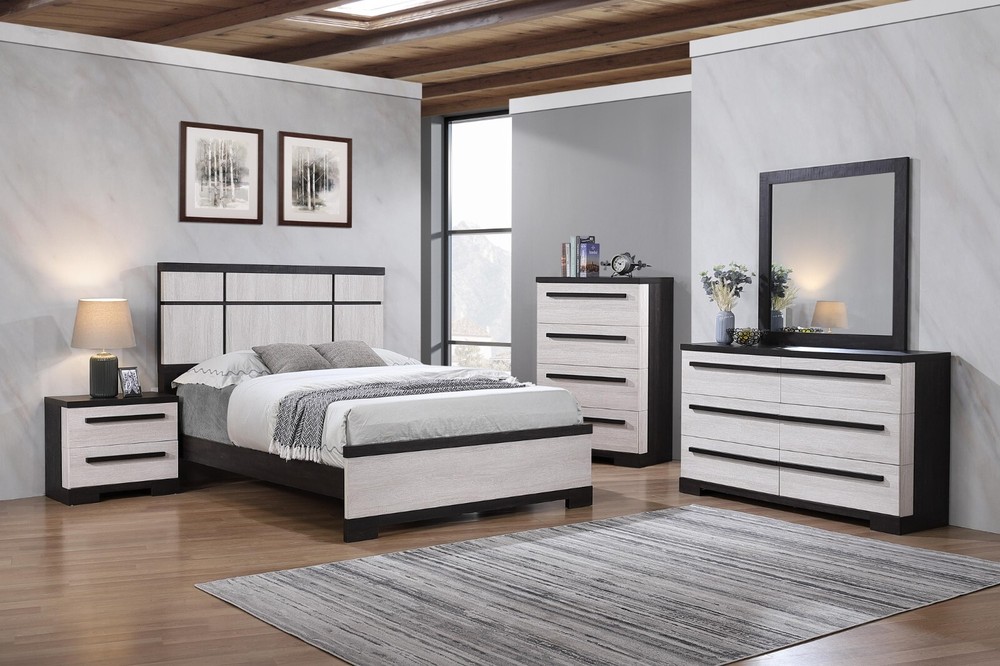 Black and White Rustic Wooden Panel King Size Bed 6pc Master Bedroom Set