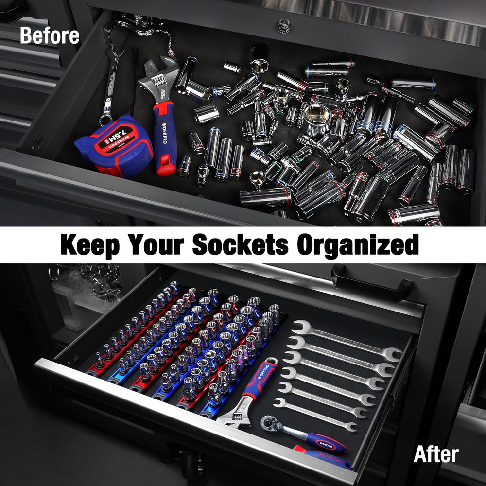 WORKPRO Magnetic Socket Organizer, 1/4-Inch Drive Heavy Duty Socket Holder