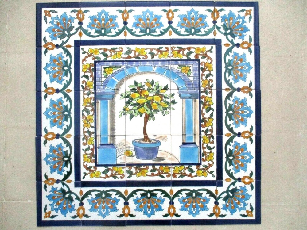30" x 30" Hand painted Ceramic tile art panel Mosaic mural Backsplash Lemon Tree