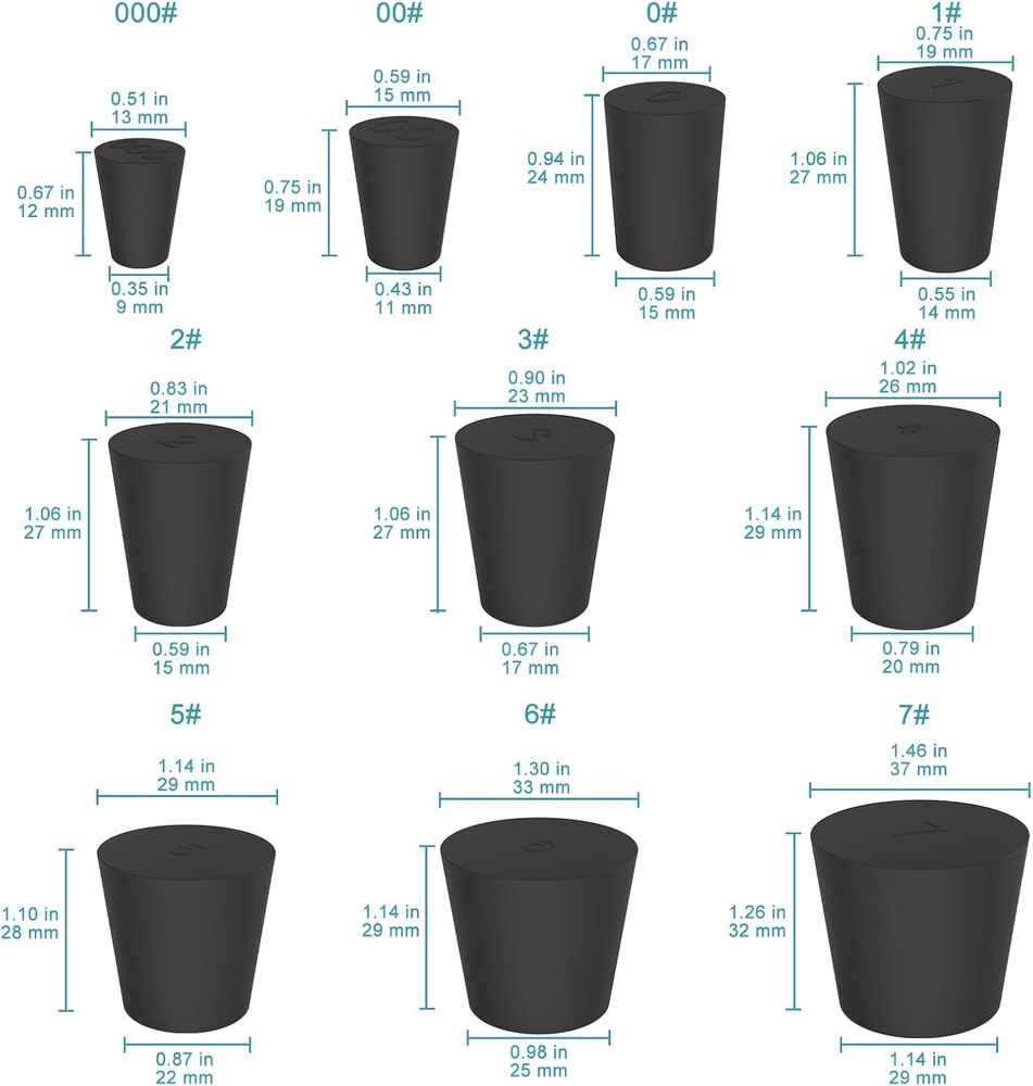 Solid Rubber Stoppers (Black), Tapered Plug for Sealing Test Tubes, Flasks an...