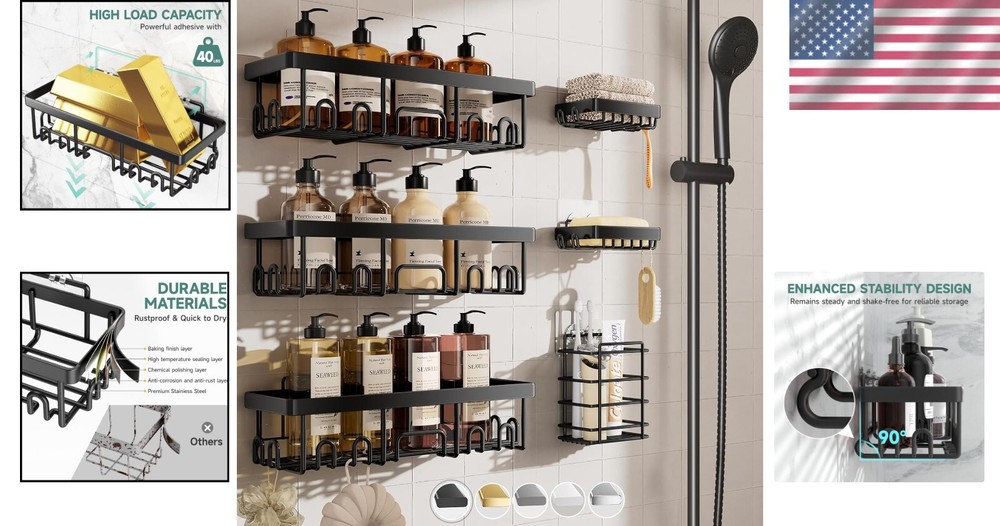 6-Piece Stainless Steel Shower Caddy Set - Rustproof, Adhesive Storage Solution