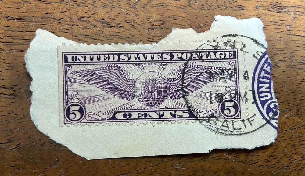 STAMP US SCOTT C12 "Winged Globe" 5 CENT 1930 USED ON PIece
