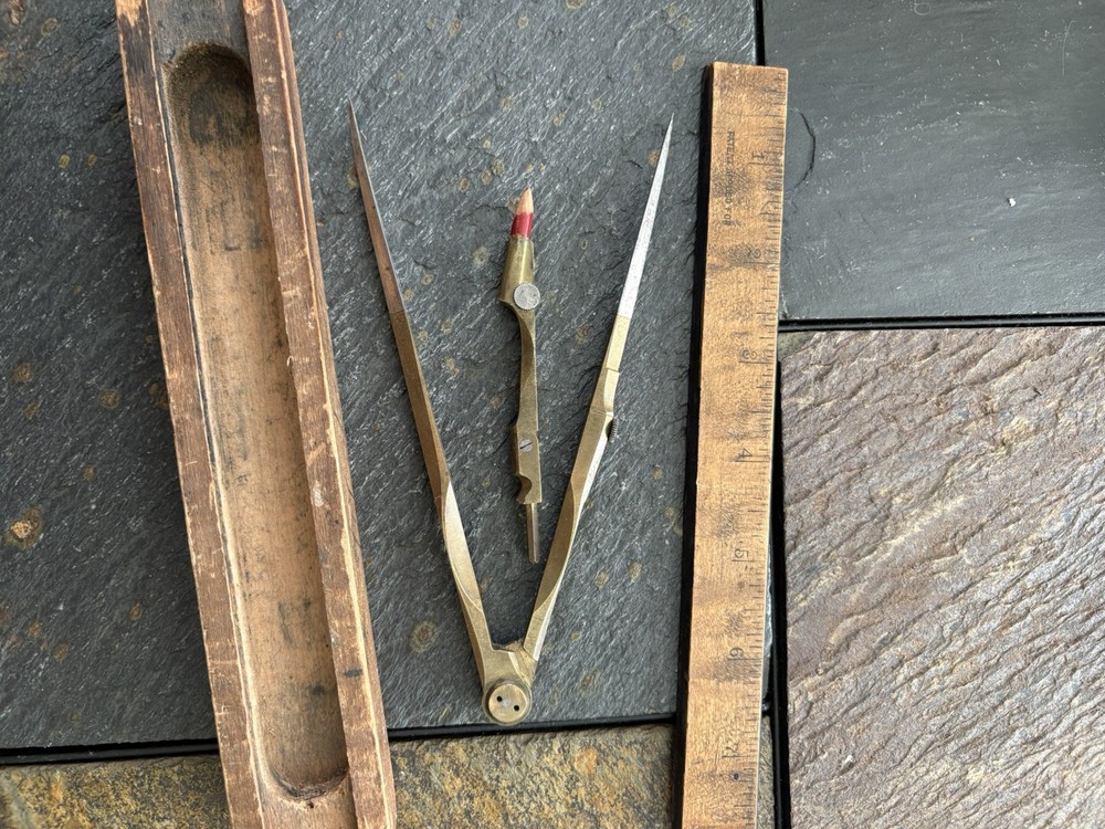 Antique Brass Compass Pencil Navigational Divider Drafting Tool Boxed