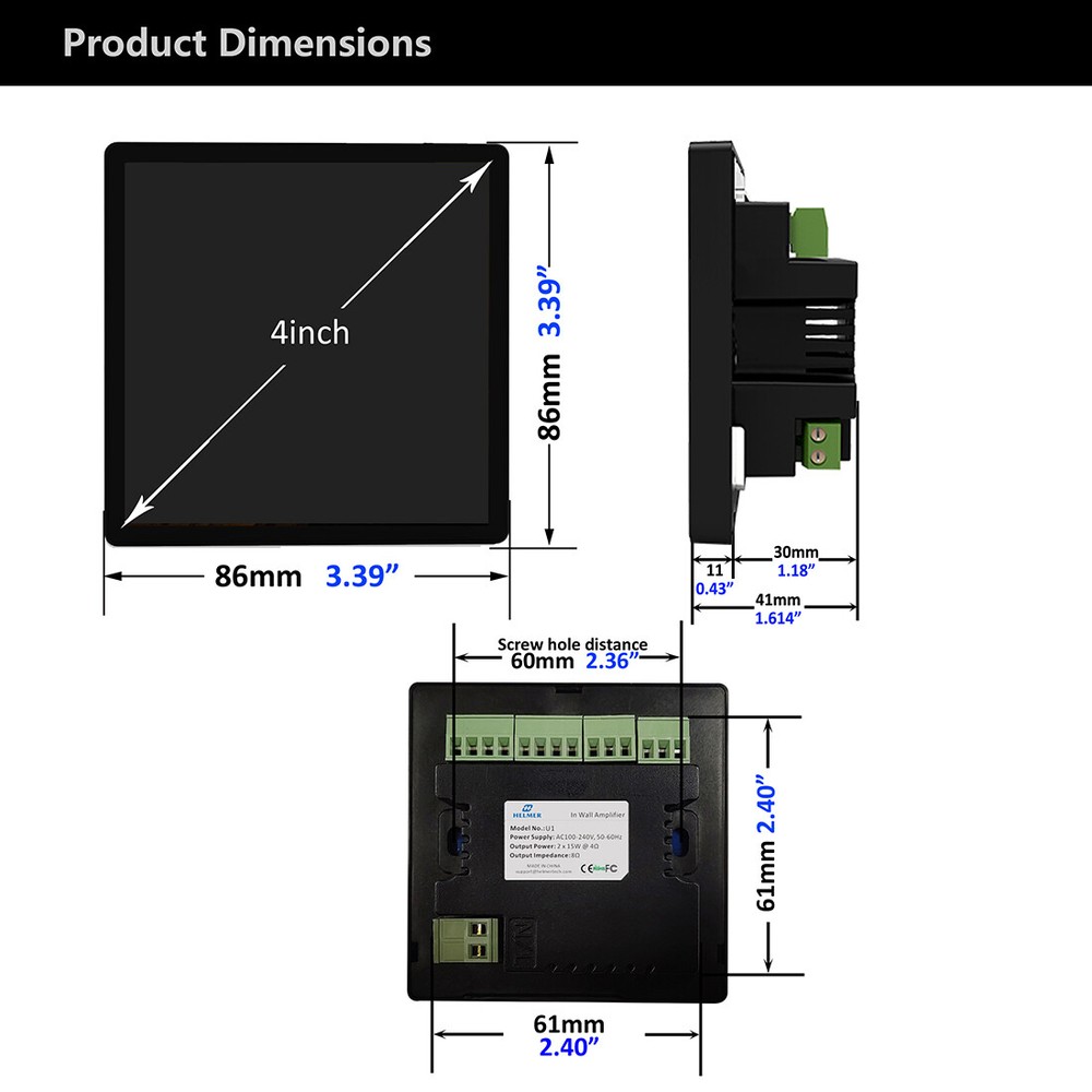 4" Touch Screen Wall Mount Amplifier Home Stereo Audio Amplifier Speaker System